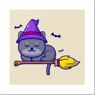 Cute Witch Cat Sleeping On Magic Broom Cartoon Posters and Art